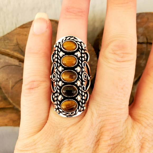 New Tiger Eye 925 Silver Adjustable Statement Ring. - Picture 5 of 10
